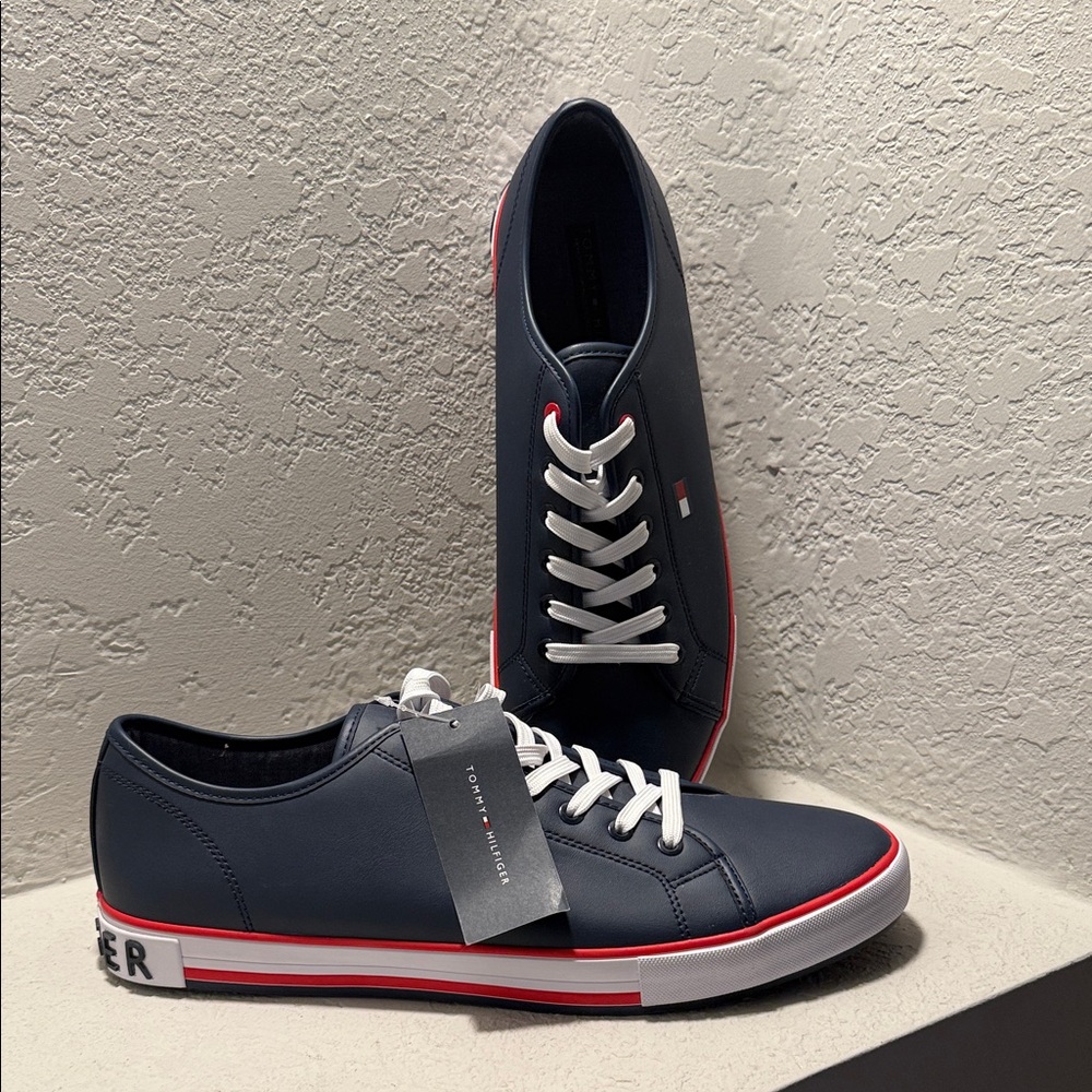 Tommy Hilfiger Men's Blue Sneakers with Red and White Accents